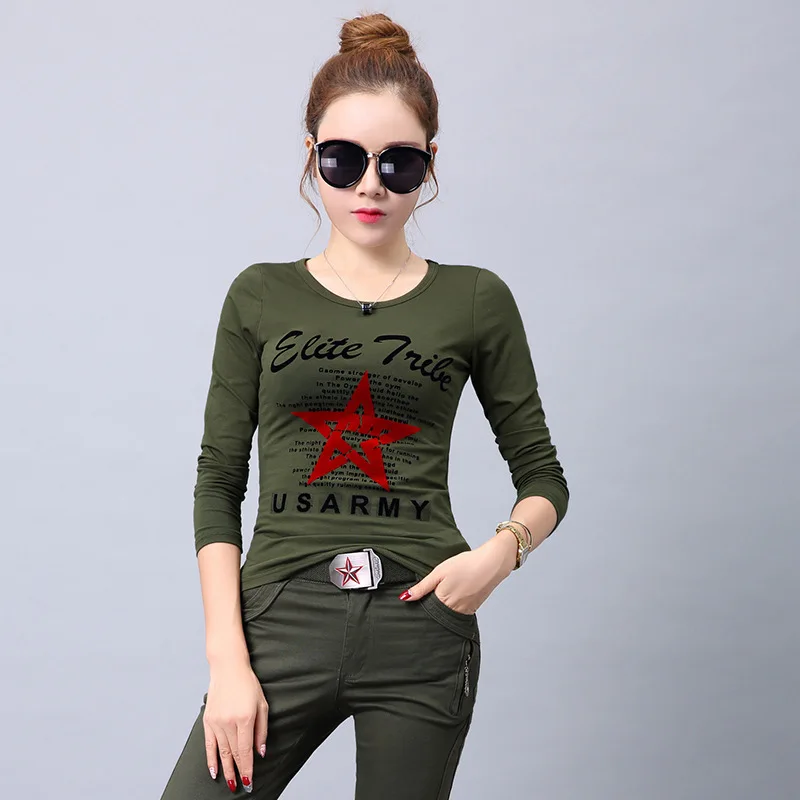 Женская хлопковая камуфляжная футболка, Женский Большой размер 5Xl 6Xl, военная форма, армейский зеленый цвет, футболка для девушек, топы с длинными рукавами, одежда