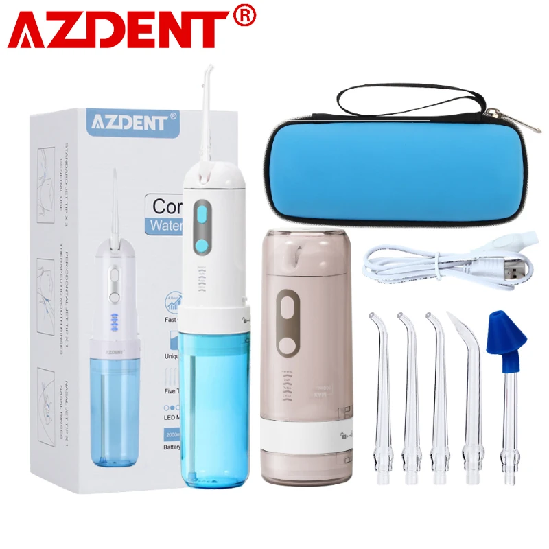 AZDENT Fashion 4 Modes Portable Fold Electric Oral Irrigator USB Charging Water Dental Flosser Rechargeable 200ml + 5 Jet Tips