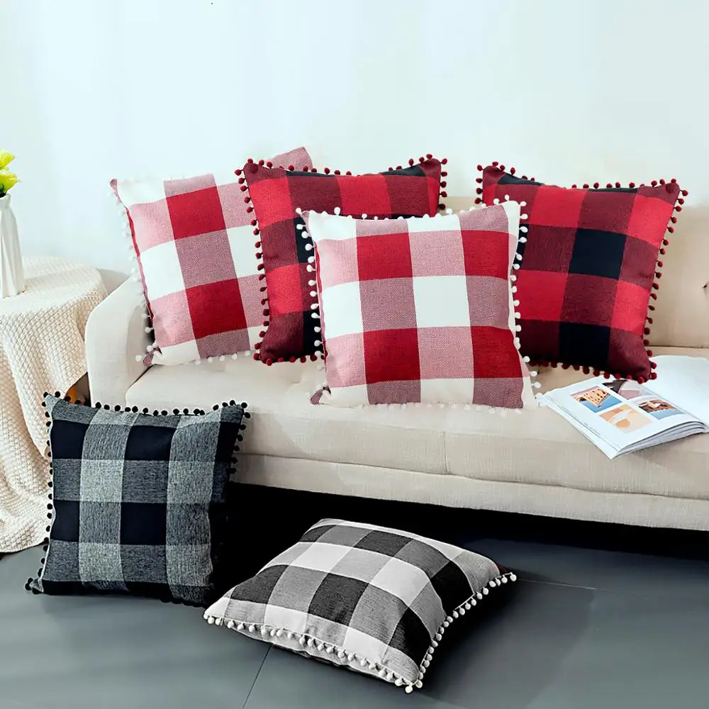

Red Black Plaid Cotton&Linen Pom Pom Cushion Cover With Four Side Tassels Plaid Decorative Throw Pillow Cases Home Sofa Decor
