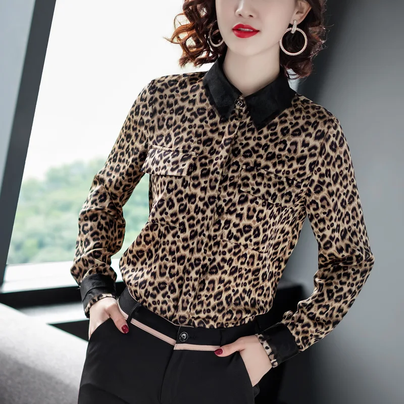 

Base Shirt Female Autumn 2019 New Style Women's Korean-style Polo Collar Leopord Pattern Shirt Women's Loose-Fit Sense of Design