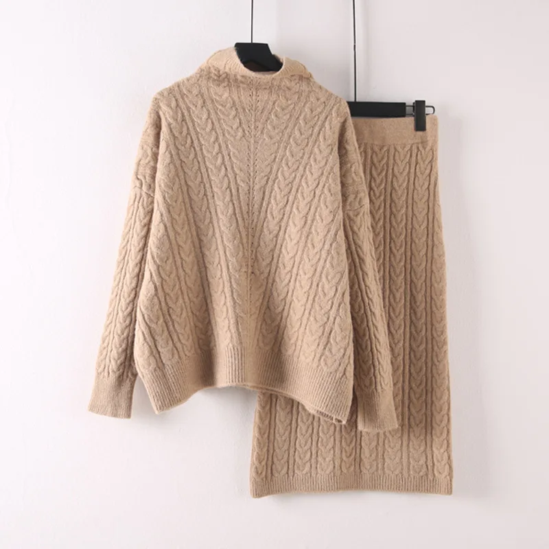 

2019 Knitted 2 Piece Set Women Long Sleeve Turtleneck Pullover Sweater + Split Pencil Skirt Set Lady Runway Knitting Skirt Suit