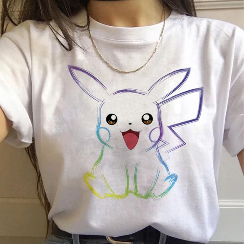 Pokemon Short T-shirts for Women 2021 Summer New Cute Anime Cartoon Pikachu Graphic Tee Girls Clothing Tops Female White O-neck