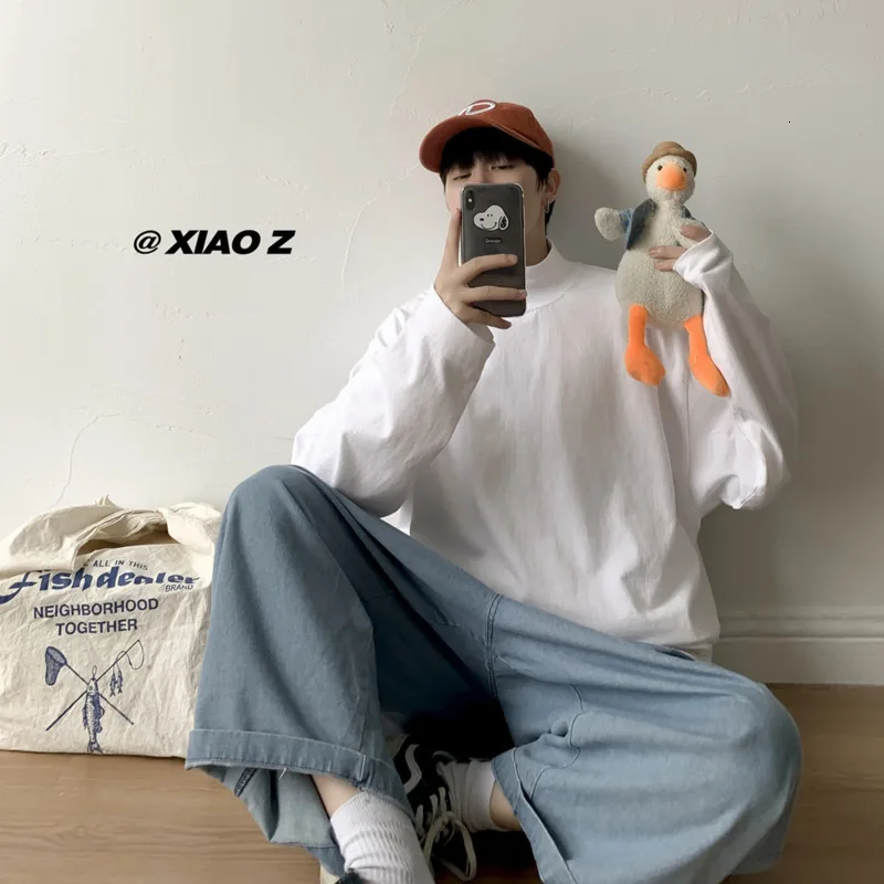Новинка, японский стиль, большой размер, хлопок, осень, простой, длинный рукав, мужская, свободная версия, круглый вырез, сплошной цвет, Повседневная футболка