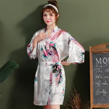 

White Print Peacock Ladies Wedding Robe Kimono Bathrobe Gown Sexy Loose Sleepwear Night Dress Oversize 3xl Lounge Negligee