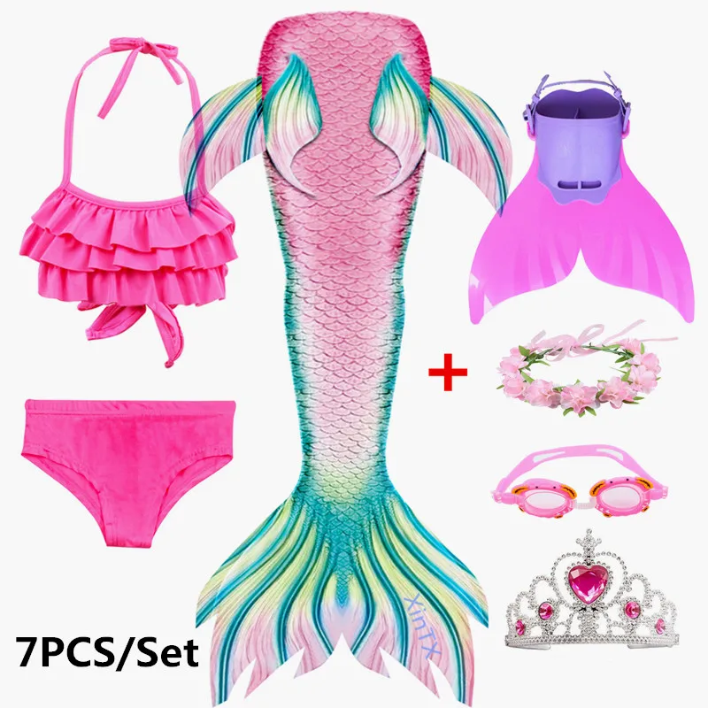 7PCS as picture show Новинка! 7 шт./компл. русалки для девочки Моноласты, хвосты для купания венок-Корона Goggle с хвостом русалки, купальный костюм для девочек, купальник-бикини, плавательный костюм, костюм - Цвет: 7PCS as picture show