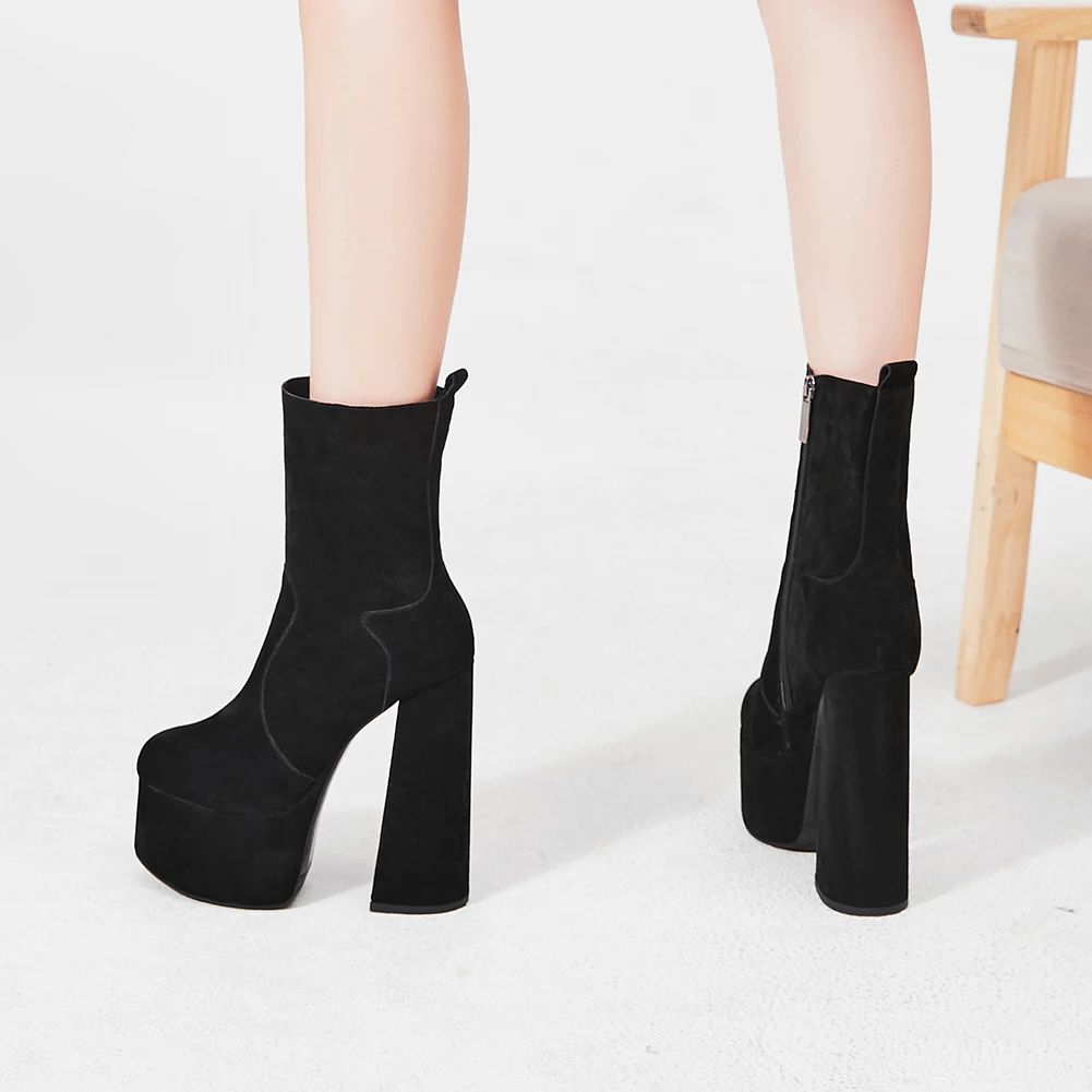 RIBETRINI Brand Design Platform Boots For Women Genuine Leather Shoes Woman Thick Heel Round Toe Platform Mid Calf Boots Women