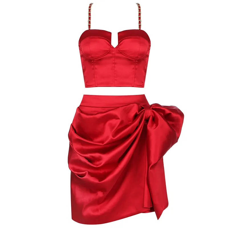 Bevenccel Elegant 2 Piece Sets Women Dress Sexy Chains Straps Bodycon Draped Bow Celebrity Fashion Party Dress Runway Mini Dress