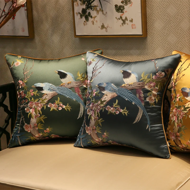 

Cushion Cover Decorative Pillow Case Modern Chinese Traditional Birds Flora Luxury Embroidery Coussin Home Sofa Decor