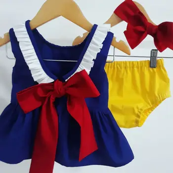 

2020 Infant Princess Costume 2Pcs 0-24M Ruffle Sleeve Bow Back Top Dress PP Shorts Bodysuit Headband Baby Girl Clohthes Set