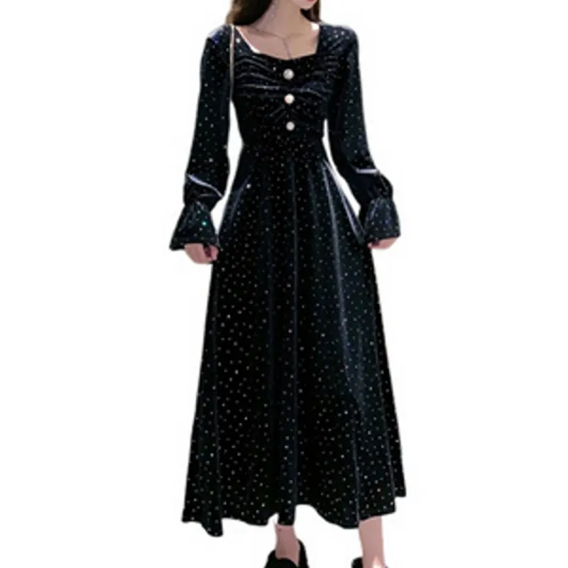 Women Autumn Dress Patchwork Design Diamonds Decor See Through square neck Long Sleeve Solid Top Elegant Lady | Женская одежда