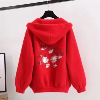 

Women 2020 Spring Autumn Imitation Water Velvet Outwear Female Hooded Loose Embroidery Mink Sweater Coat Casual Cardigans G495