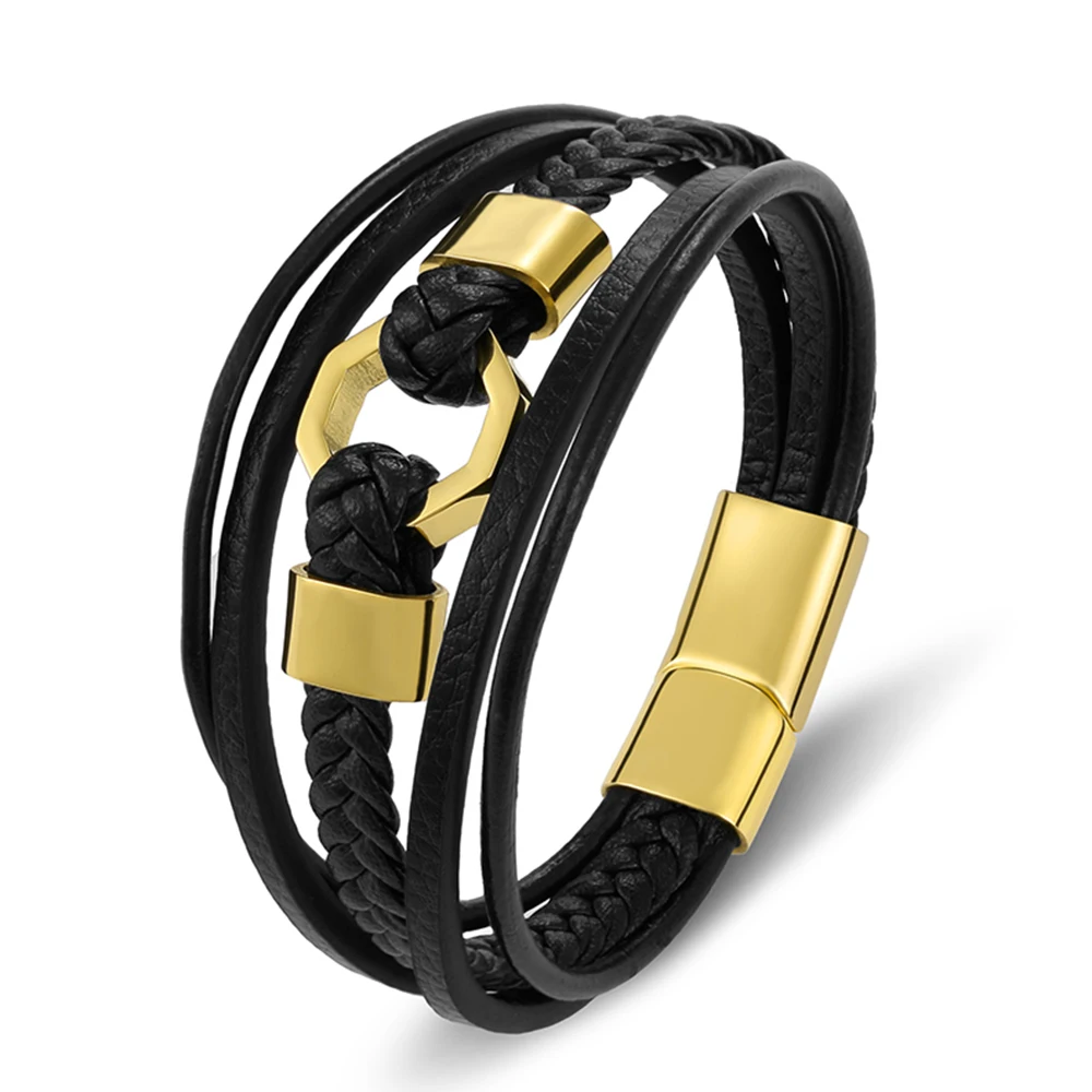 Tendy Fashion Luxury Braided Rope Stainless Steel Men Bracelet Leather Black Gold Magnetic Clasp Bangles Jewelry Gift For Father