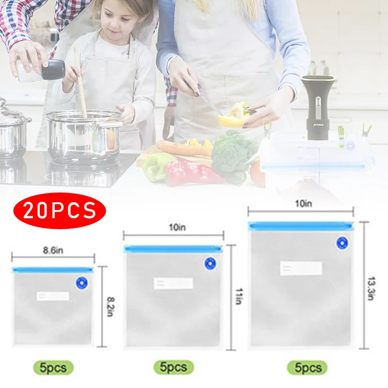 Vacuum Sealing Food Storage Bags Kitchen Reusable W/ Air Pump Sealing Clips Transparent bag design