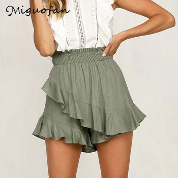 

Miguofan Women short Asymmetry ruffles Casual Solid Wide Leg Shorts High Shorts Lady Summer High Waist Solid Shorts Woman