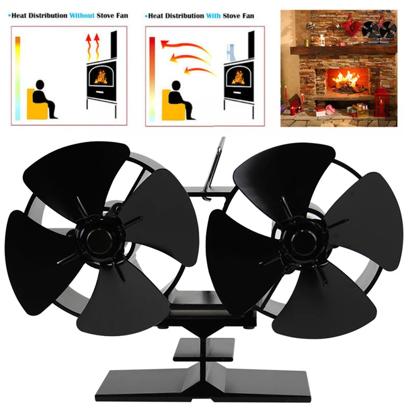 

Home Stove Fan Heat Efficient Powered Distribution Circulating Air Log Wood Double Motor Burner Fireplace Accessories