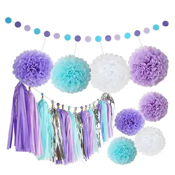 

25 Pcs Tissue Paper Flowers Pom Pom Tassel DIY Paper Garland for Wedding Party Decoration (Purple and Blue and White and Silver)