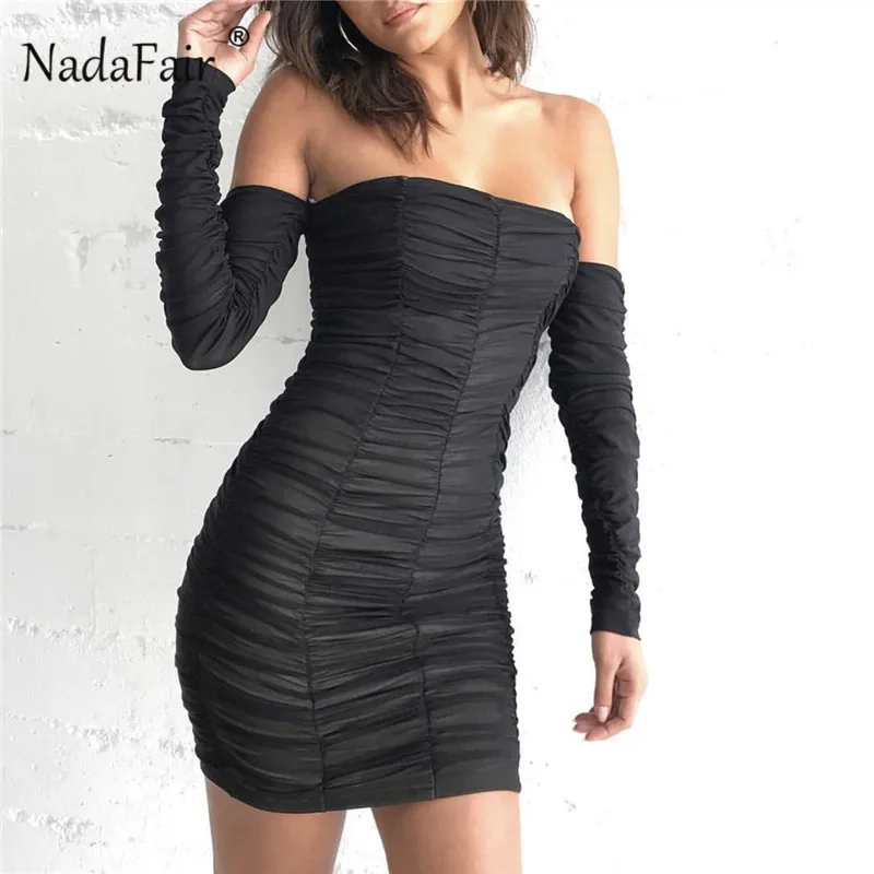 

Nadafair Mesh Mini Off Shoulder Sexy Dress Black White Red Women Long Sleeve Club Party Ruched Bodycon Dresses