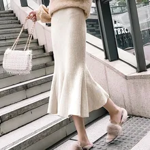 Элегантные длинные трикотажные женские осенние юбки с эластичной резинкой на талии, плотные теплые Сексуальные вечерние юбки русалки, женские корейские юбки Jupe Hiver Femme