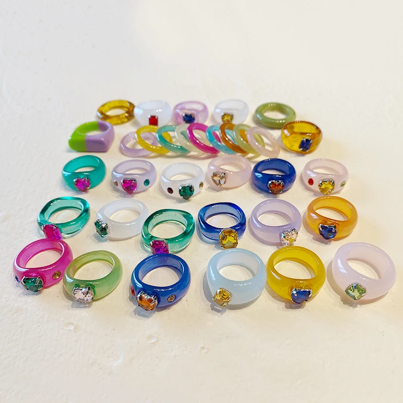 Finger Ring Fashion Acrylic Colorful Rectangle Rhinestone Rings Women Big Transparent Finger Ring Girls Vintage Female Jewelry
