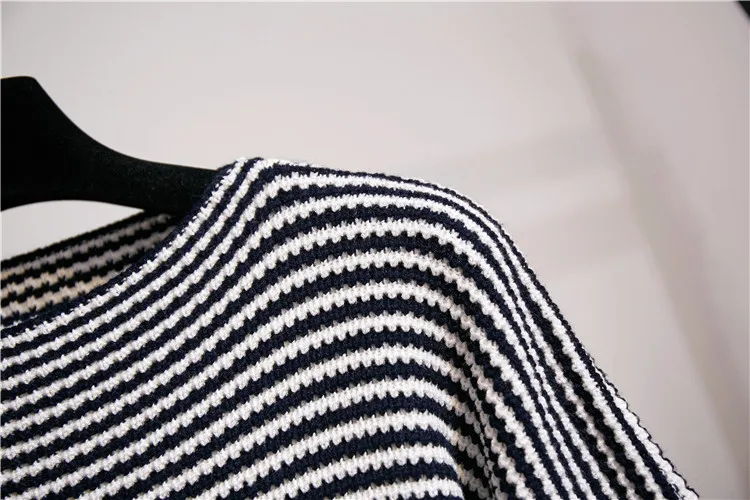 Ретро полосатый свитер и юбка комплект из двух предметов Женский Круглый вырез рукав летучая мышь негабаритный вязаный пуловер Топы с юбка-карандаш с разрезом набор