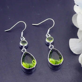 

Hermosa Teardrop Shiny Green Peridot Silver Color Earrings For Women Fashion Jewelry 1 7/8 Inch ME036