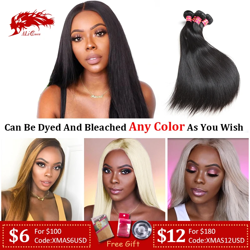 Baratos Pelo de La Reina de Ali pelo de la Virgen brasileña mechones rectos de Color negro Natural 100% cabello humano tejido de 6 \