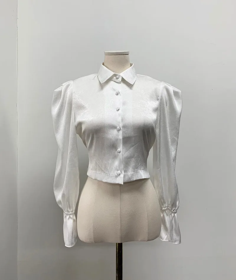 Neploe Chic Retro Turn Down Collar Puff Long Sleeve Stain Blouse Slim Fit Single Breast Blusas Back Lace Up Bow Design Shirt New