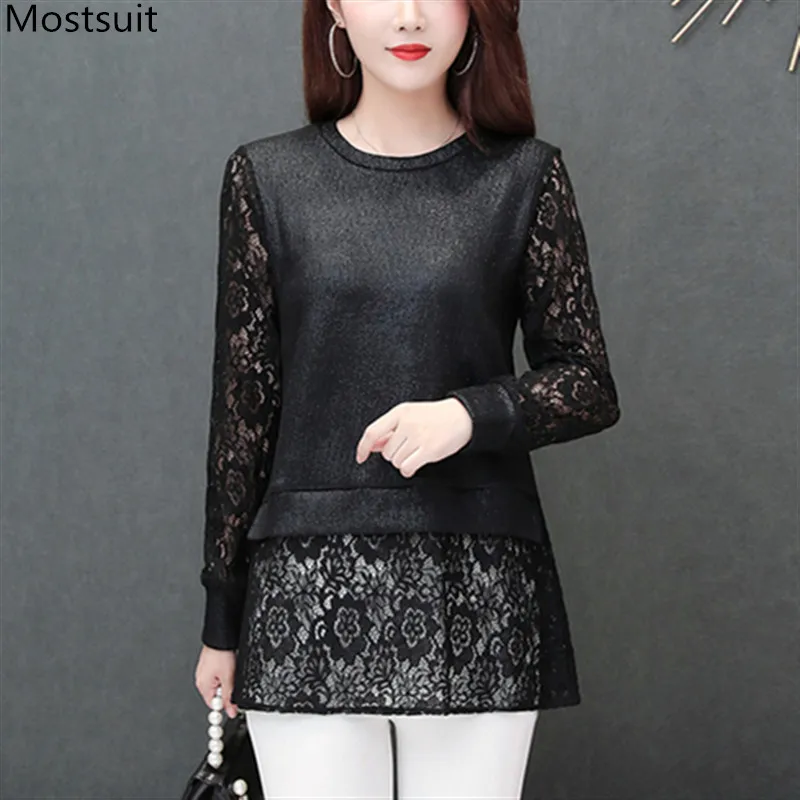 

Long Sleeve Knit Tops Women Autumn Fake Two Piece Lace Patchwork T-shirt Plus Size Streetwear L-5xl Korean Elegant Loose Shirts