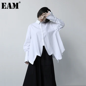 

[EAM] Women white irregular hem big size Blouse New Lapel Long Sleeve Loose Fit Shirt Fashion Tide Spring Autumn 2020 1DB720