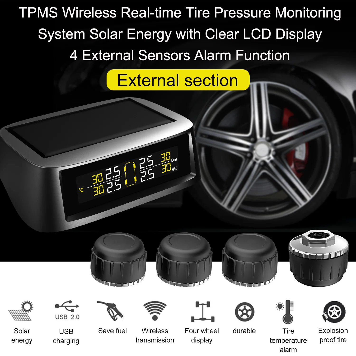 Обновление TPMS система мониторинга давления в шинах Солнечная Беспроводная и usb зарядка система обнаружения с 4 внутренними/внешними датчиками