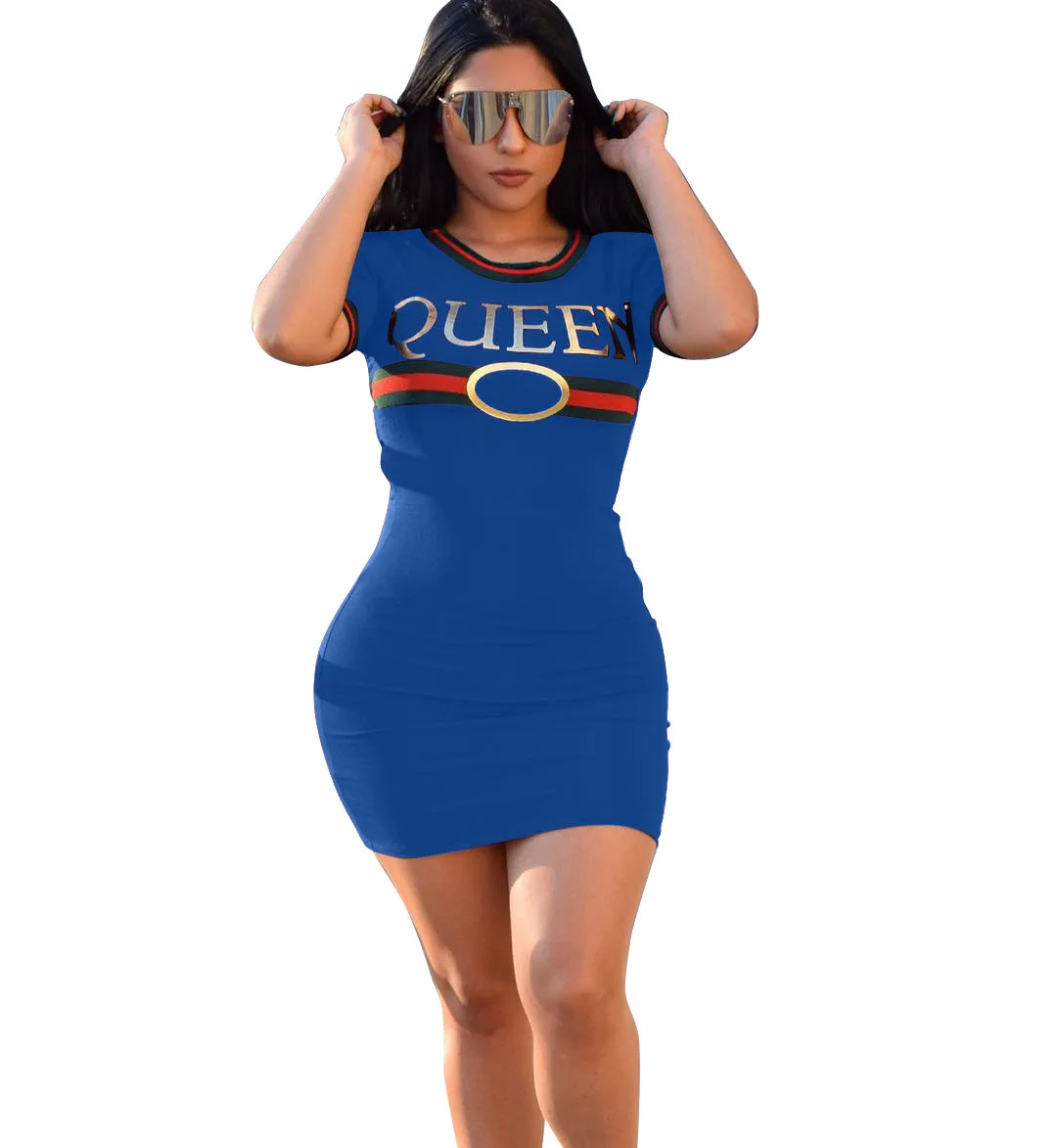 Womens Blue Round Neck Short sleeved Dress Queen Dresses Casual Elegant Sheath Slim Dress Shirt Bodycon Party Dresses Vestidos