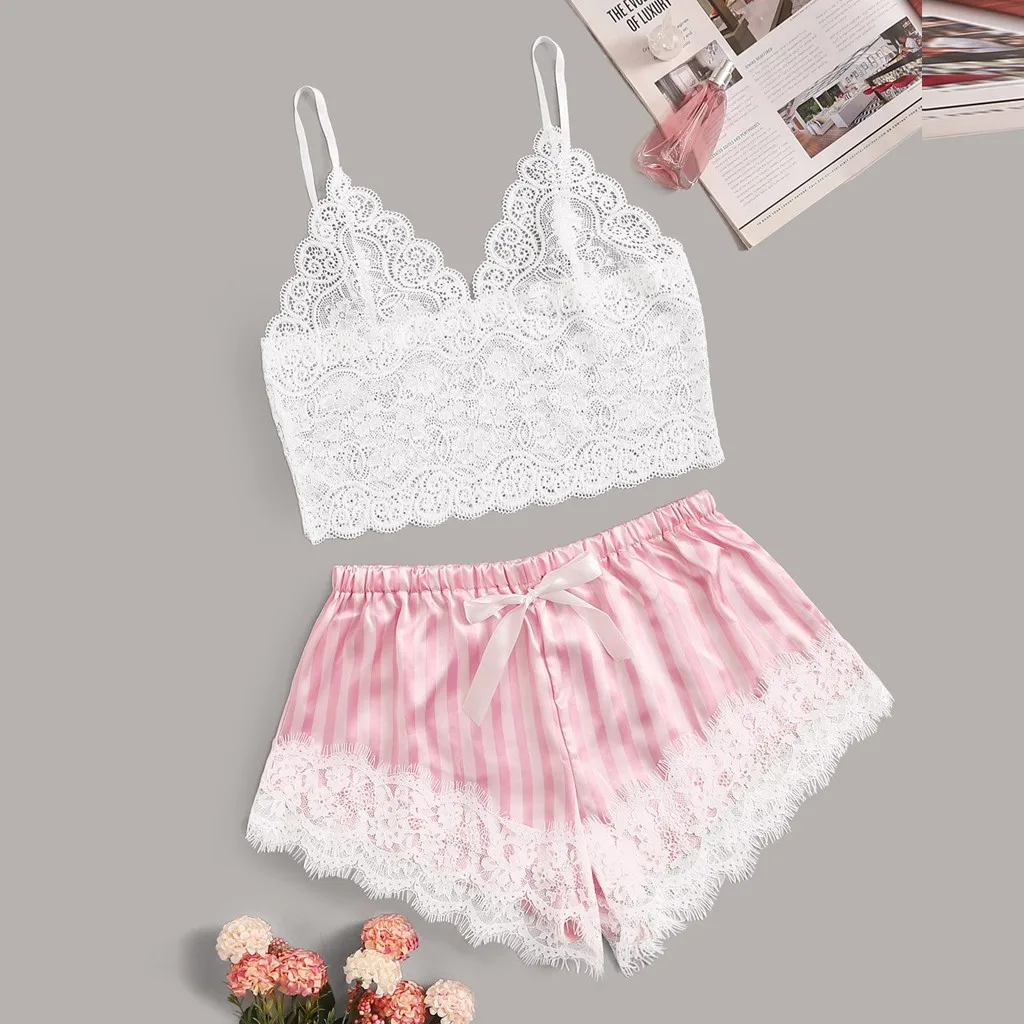 

Stylish Smooth Women's Pajama Set V-Neck Lace Patchwork Ladies Bralette Pajamas Sleepwear Striped Satin Shorts Soft Lingerie Set