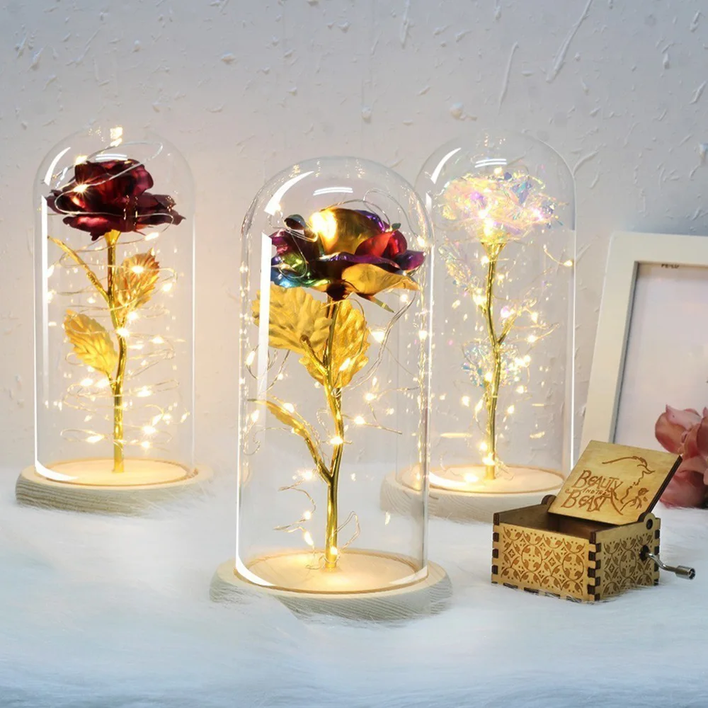 

2020 Beauty And Beast Eternal Flower Rose In Flask Wedding Decoration Artificial Flowers In Glass Cover For Valentine's Day D30