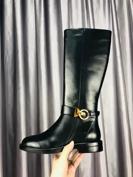 

Vibsterimma New Arrival High Quality Gold Riding High Boots Women Genuine Leather Metal Dorcoration Knee Boots Zip