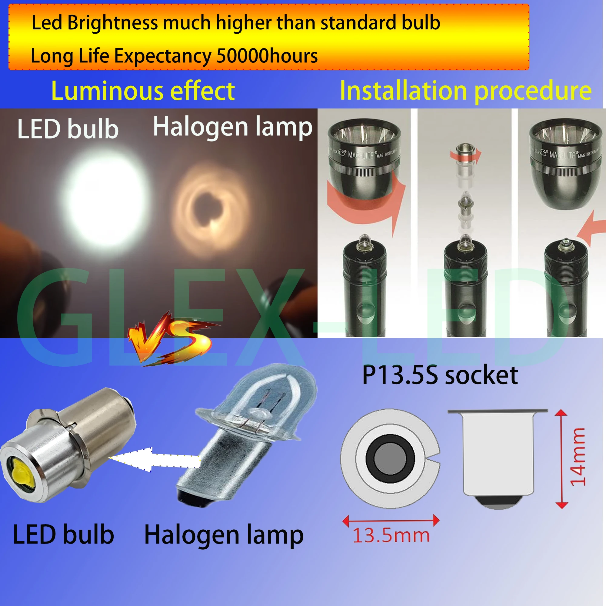 P13.5S Mag Light LED Bulb 3-16 C&D Cells Maglite Torch Flashlight LED Converter 3V 4.5V 6V 9V 12V 18V 24V White