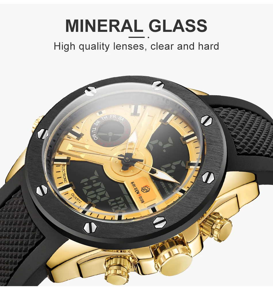 GOLDENHOUR Relojes Para Hombre брендовые модные светящиеся водонепроницаемые кварцевые часы Роскошные с двойным дисплеем мужские часы деловые часы
