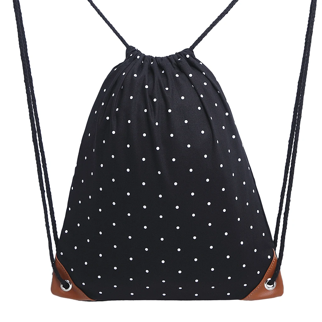 

Polka Dot Drawstring Backpack Gym Sport Bags Canvas with Pockets for Women Girls