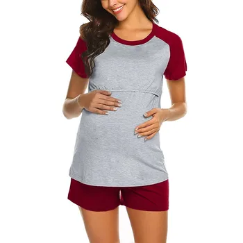

2PCS Women Maternity Short Sleeve Nursing Baby Tops Shirt+Shorts Pajamas Set ropa premama verano