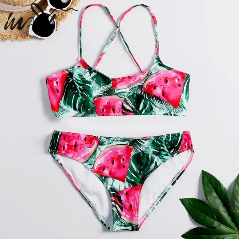 

In-X Watermelon swimsuit High waist bikini 2019 Print two piece suits Push up bathing suit Bandage swimwear women bathers new