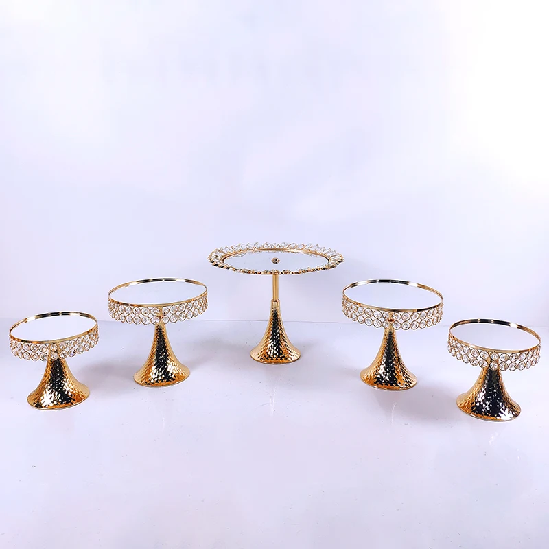 

5 Pcs Gold Electroplate Crystal Cake Stand Set Mirror Metal Cupcake Display Wedding Birthday Party Dessert Plate Rack
