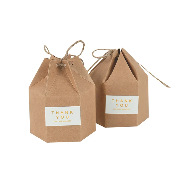 10pcs Hexagon Shape Creative Kraft Paper Candy Boxes Wedding Favors Gift Packaging Box For Birthday Party Baby Shower Decor Kraft with sticker A