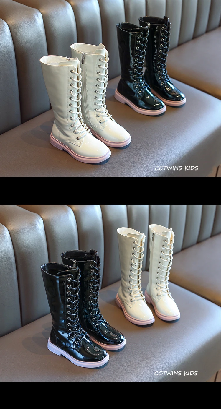 CCTWINS Kids Shoes Winter Fashion Girls High Boots Children Lace Casual Shoes for Toddler Black Leather Martin Boots HB059