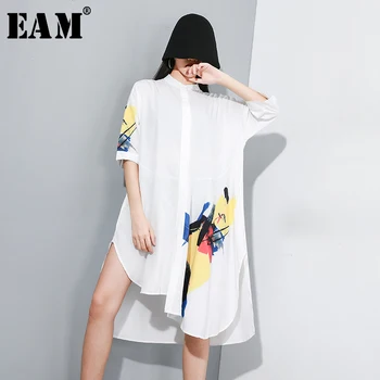 

[EAM] Women Pattern Printed Asymmetrical Shirt Dress New Stand Collar Long Sleeve Loose Fit Fashion Spring Autumn 2020 JY352