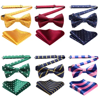 

HISDERN Pre Tied Bow Tie Handkerchief Set Pocket Square Polka Dot Men Adjustable Formal Wedding Party Classic Butterfly