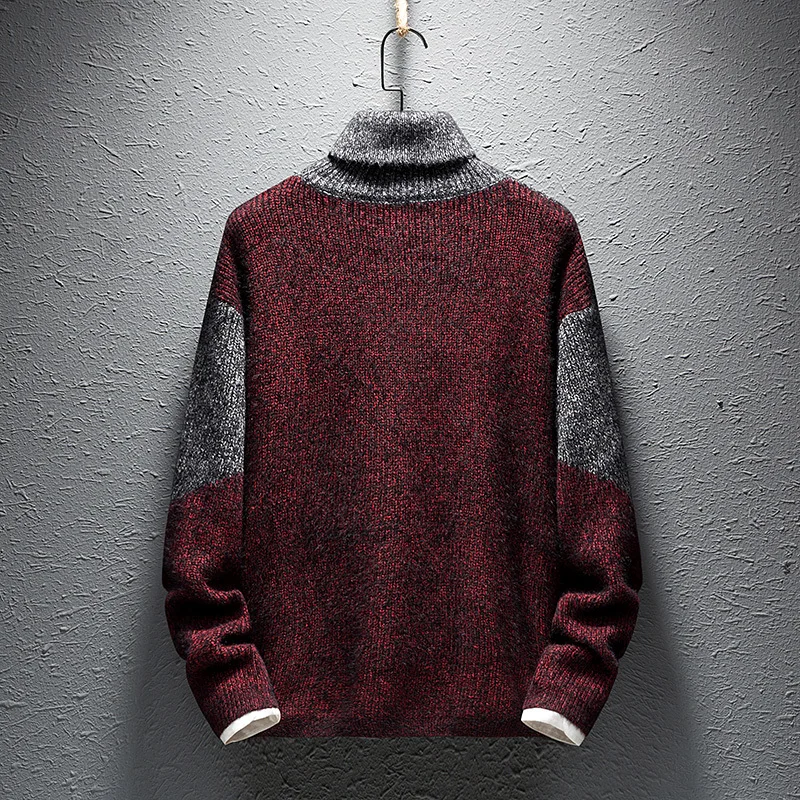 Winter Turtleneck Sweater Men Warm Fashion Contrast Casual Knit Sweter Clothes Man Streetwear Loose Long Sleeve Pullover Men