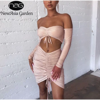 

NewAsia Christmas Party Two Piece Set Women 2019 Autumn 2 Piece Club Outfits Sexy Off Shoulder Crop Top And Skirts Matching Sets