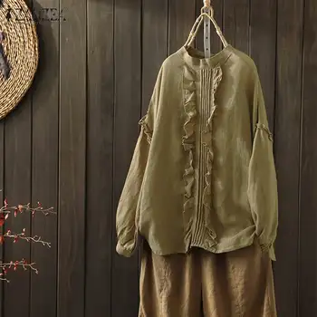

Elegant Ruffle Tops Womens Spring Blouse ZANZEA 2020 Casual Pleated Cotton Blusas Female Long Sleeve Shirts Flounce Tunic 5XL