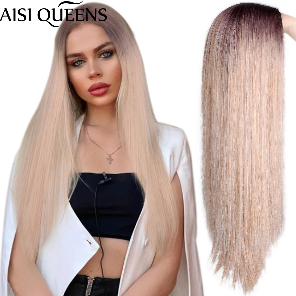 Blonde Wigs Synthetic-Wig Cosplay Hair Orange Black Ombre Women Middle-Part Purple Straight