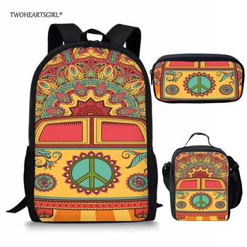 

Twoheartsgirl Trendy Fashion Hippie Bus Print School Bag Sets for Teen Boys Girls Colorful Elementary Children Student Schoolbag