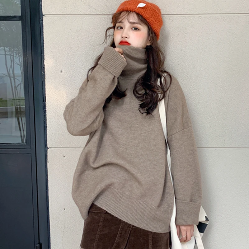 Koop Harajuku Coltrui Gebreide Trui Vrouw Herfst Losse College Stijl Lange Mouw Trui Vrouwen Solid Slim Warme Trui Dames